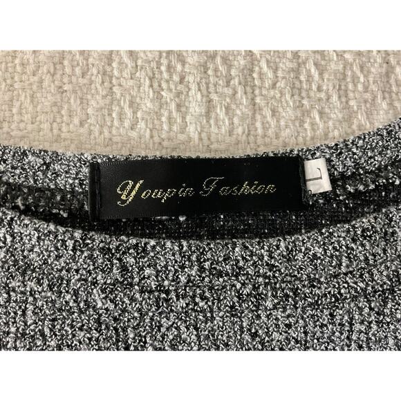 Large Black White Knit Dress 3/4 Sleeve Tie Waist Casual Semi-Formal - Picture 7 of 9